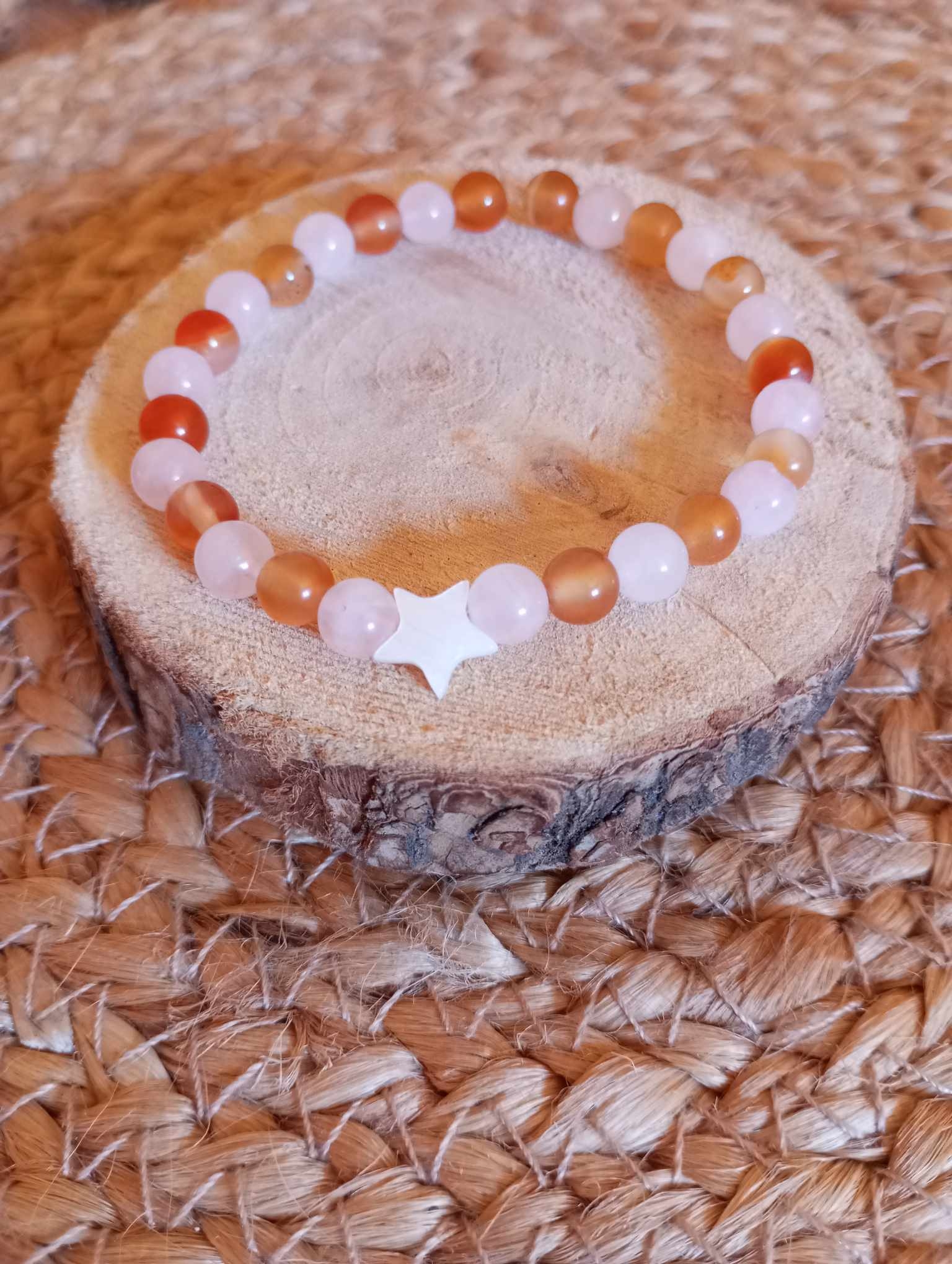 Bracelet en Cornaline, Quartz rose et étoile de nacre 