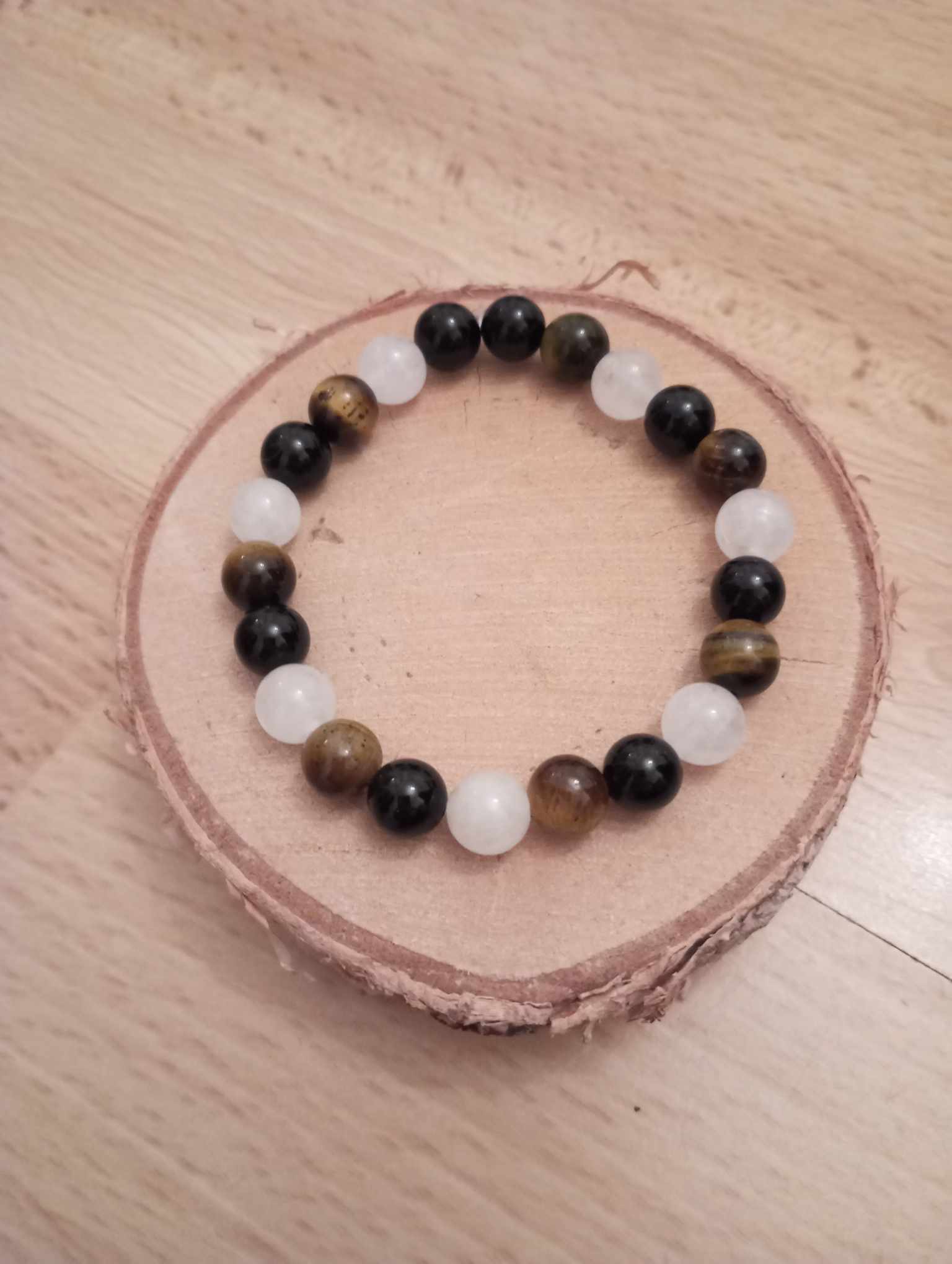 Bracelet Oeil de tigre, Onyx noir et Cristal de roche brumeux 