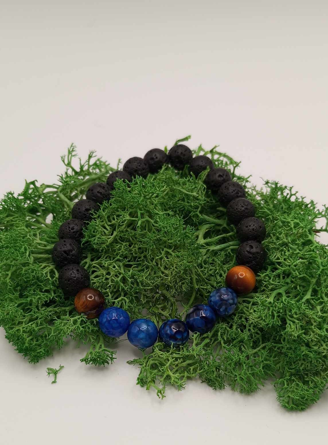 Bracelet homme Pierre de lave, Oeil de tigre et Agathe veine de dragon 