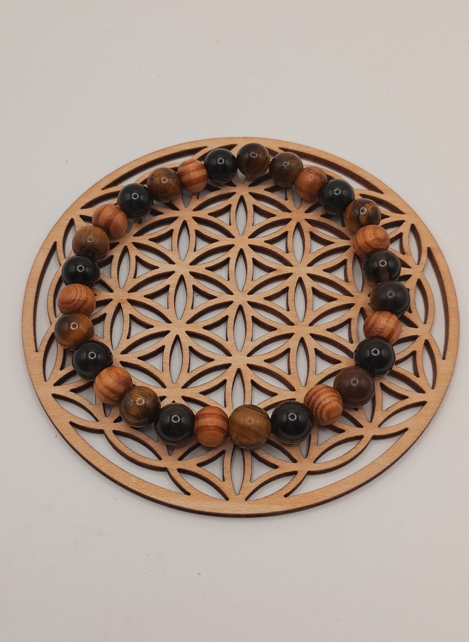 Bracelet Oeil de tigre, Obsidienne oeil céleste grise et bois zèbrè 8mm