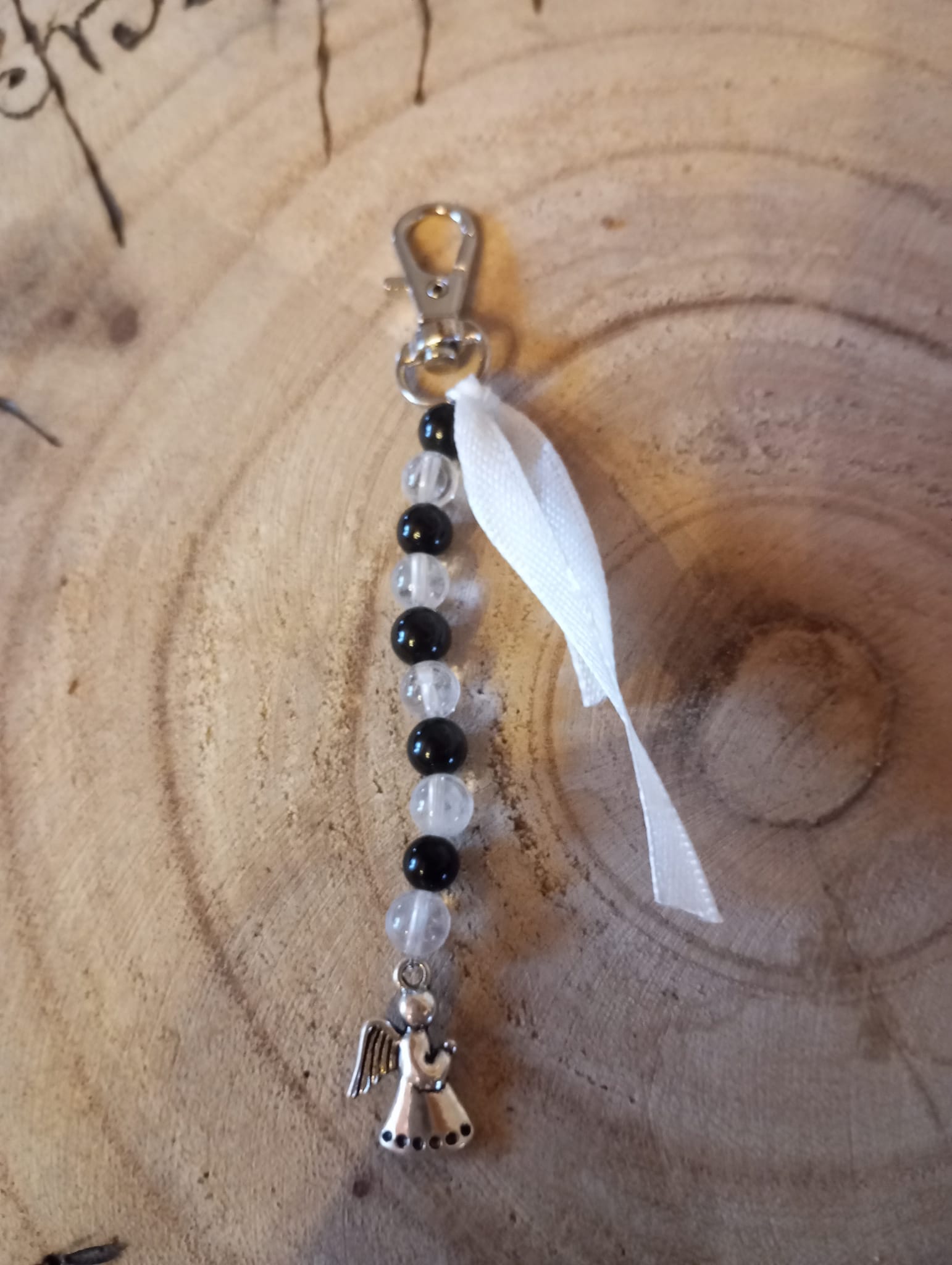 Porte clés en Obsidienne oeil céleste et Cristal de roche