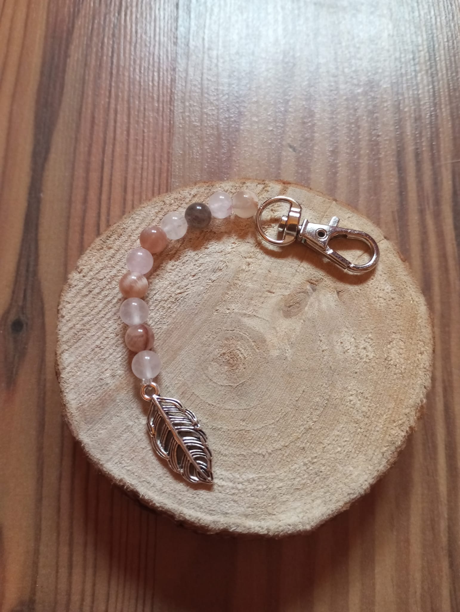 Porte clés Pierre de lune pêche et Quartz rose